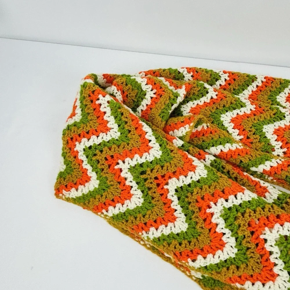 Handmade Throw Blanket Crocheted Granny Afghan Green Gold Orange White 80 x 48